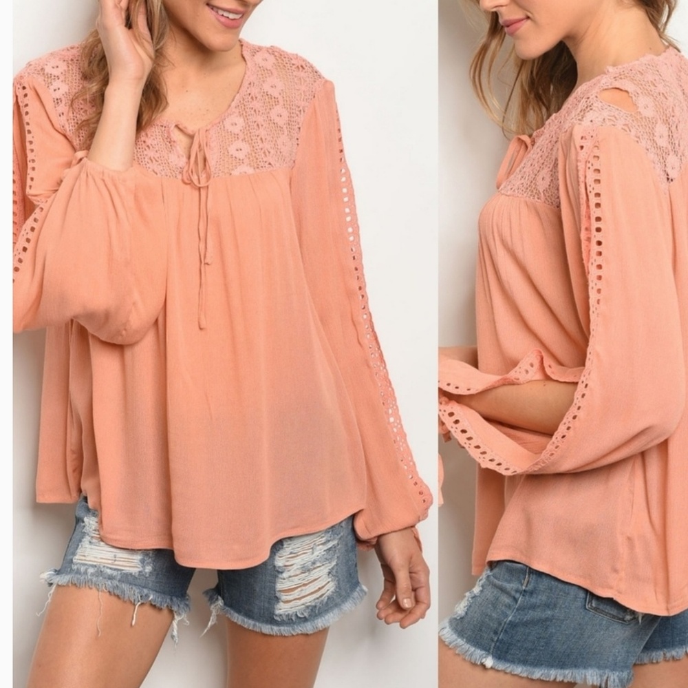 Last 2! Coral Lace Blouse open sleeve - Picture 2 of 2